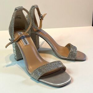 Steve Madden Carrson Silver Crystal Block Heel Sandals